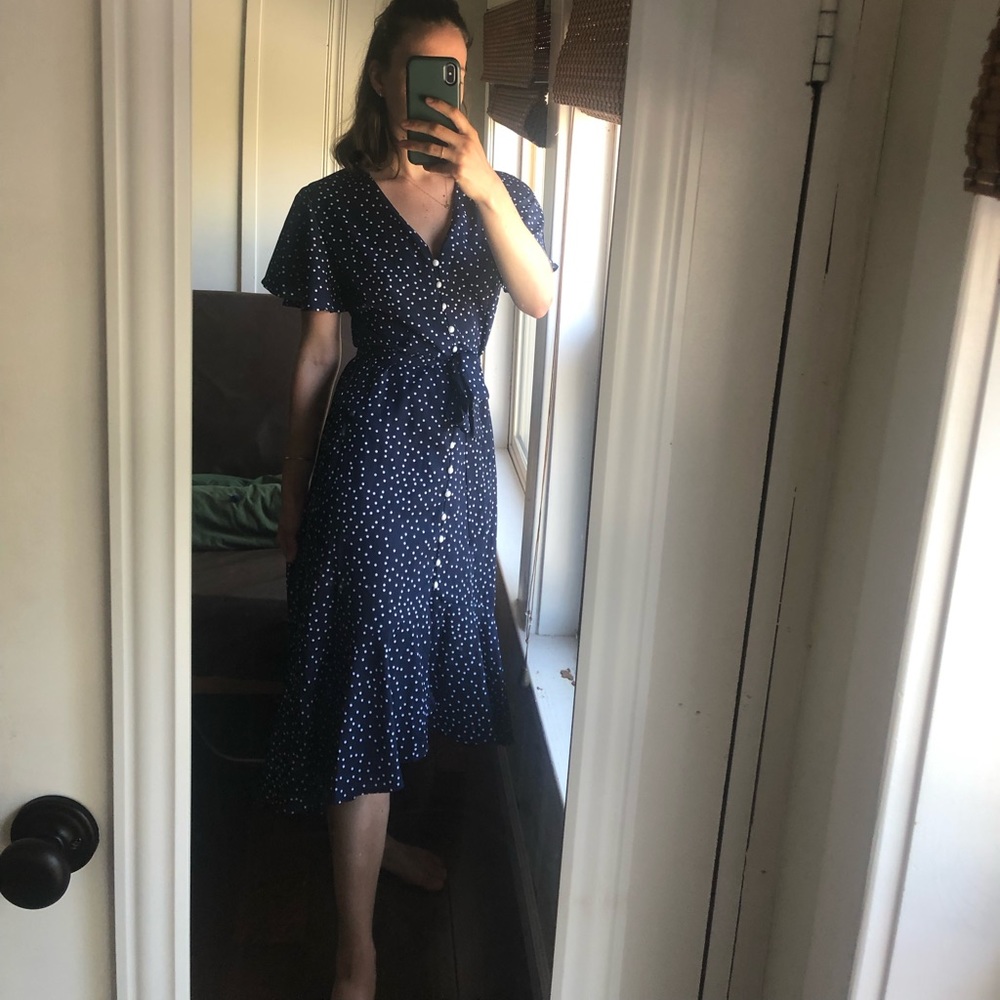 Vintage blue dot dress XS/S romantic wedding cottage